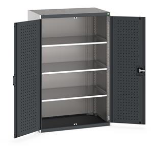Heavy Duty Bott cubio cupboard with perfo panel lined hinged doors. 1050mm wide x 650mm deep x 1600mm high with 3 x100kg capacity shelves.... Bott Tool Storage Cupboards for workshops with Shelves and or Perfo Doors